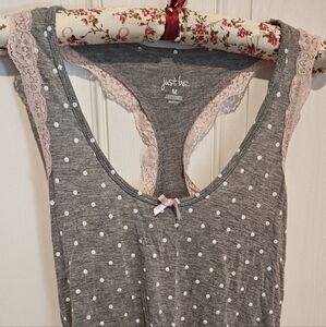 Shortie Pajama Set Light Gray with White Polka Dots Pink Lace